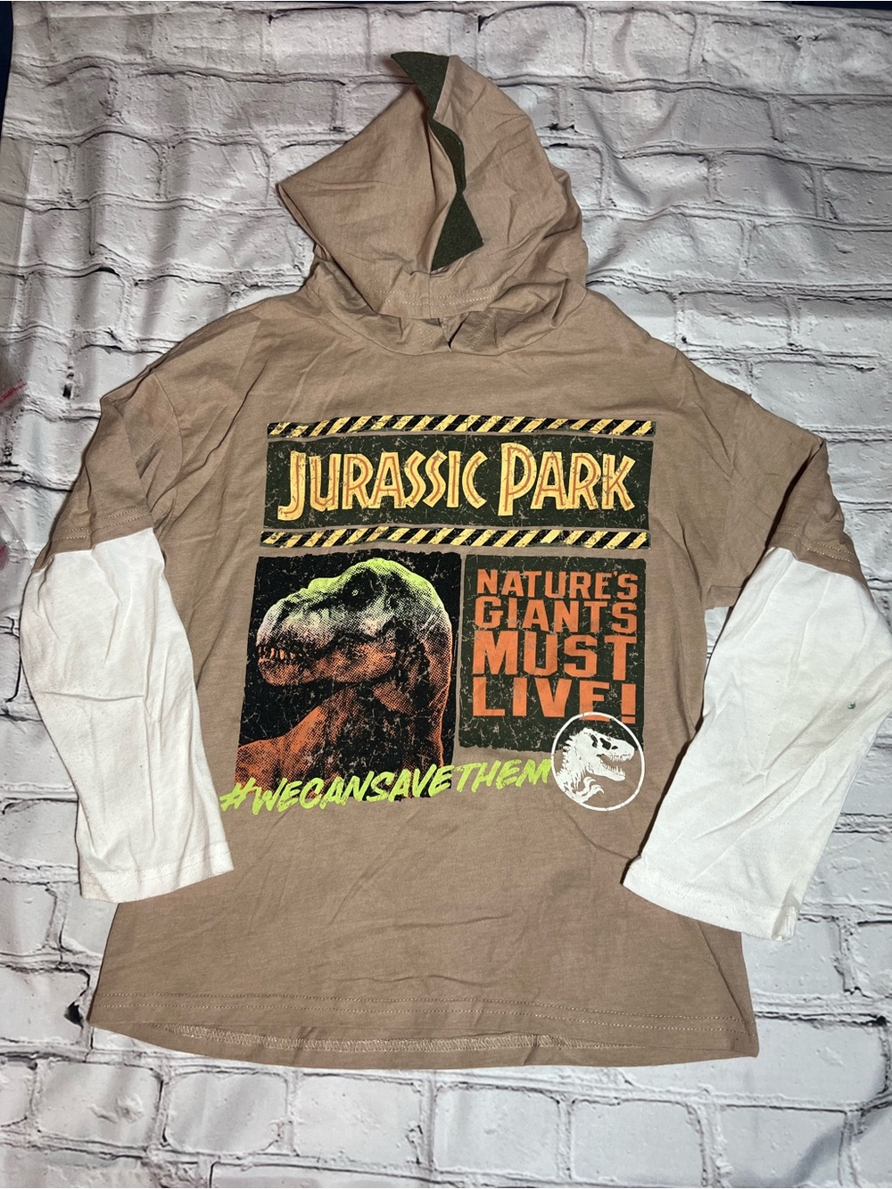 Jurassic Park Graphic Hoodie Tee - Brown with White Sleeves